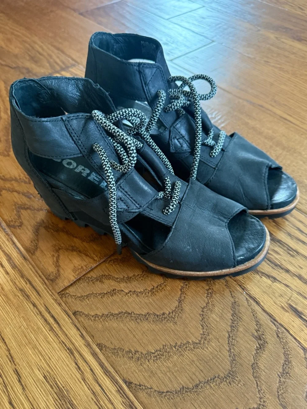 Sorel‎ JOANIE™ Lace-Up Wedge Peeptoe Sandal In Black Size 8.5